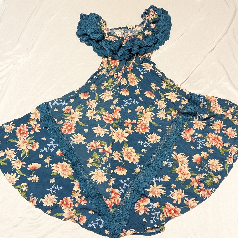 Jaase Tuscan Escape Positano Teal Boho Garden Party Flowy Floral Maxi Dress